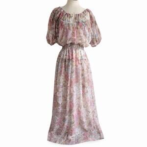 Roberta California Vintage Cottagecore Floral Peasant Maxi Dress Pink Sz 8 Boho